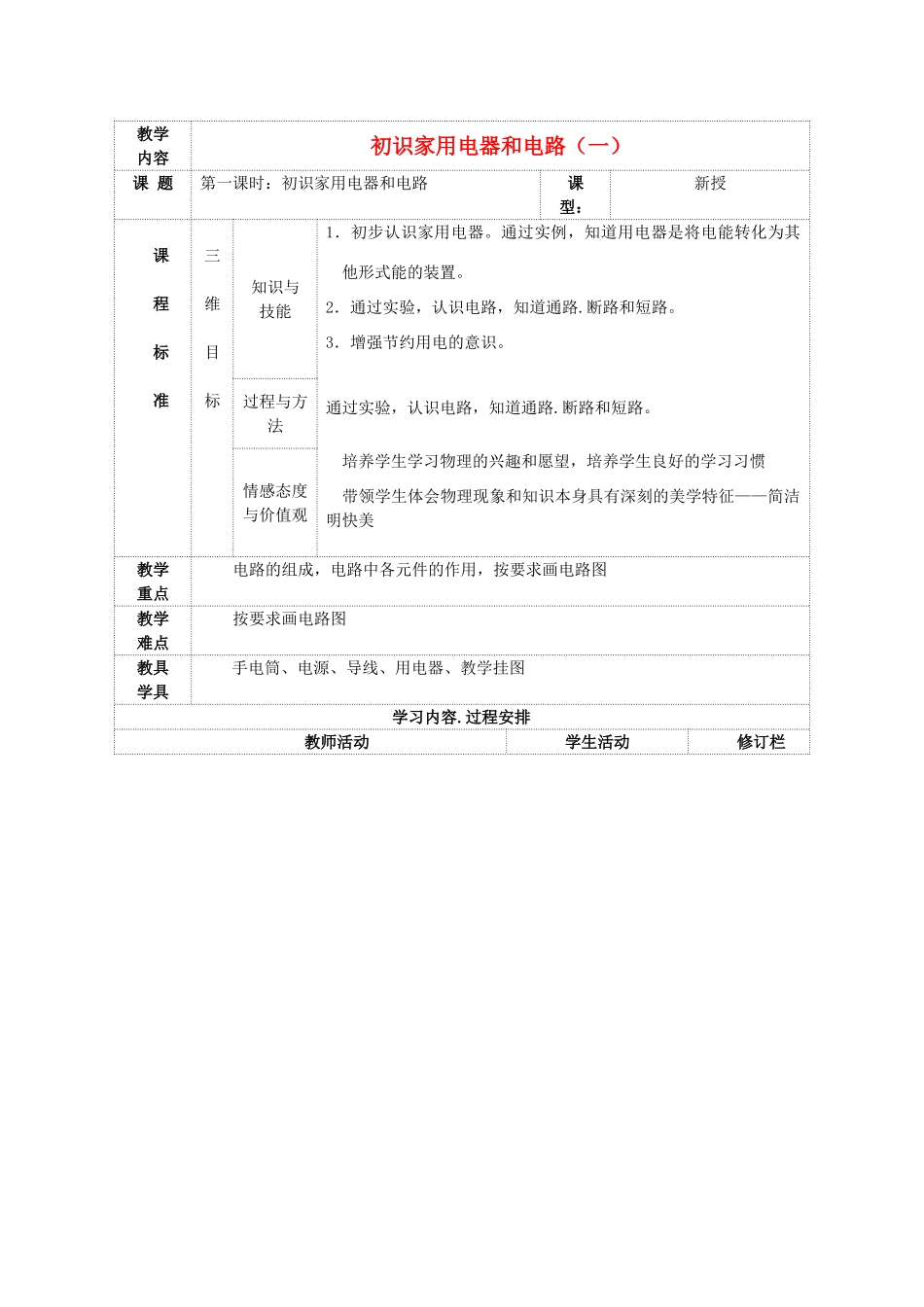 九年级物理上册 第十三章 第一节 初识家用电器和电路教案 （新版）苏科版-（新版）苏科版初中九年级上册物理教案_第1页