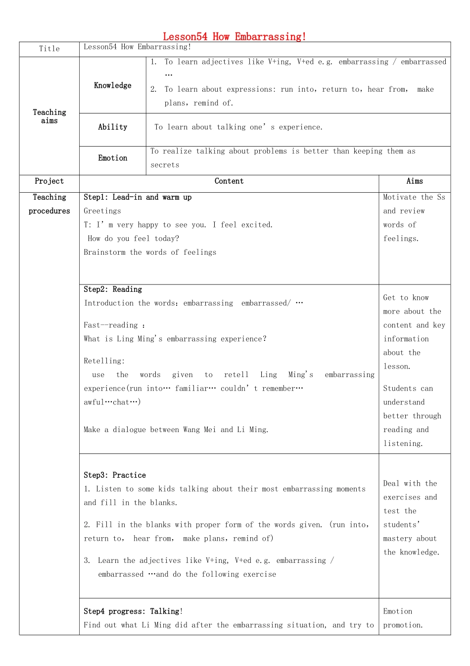 九年级英语下册 Unit 9 Lesson 54 How Embarrassing!教学设计 （新版）冀教版_第1页