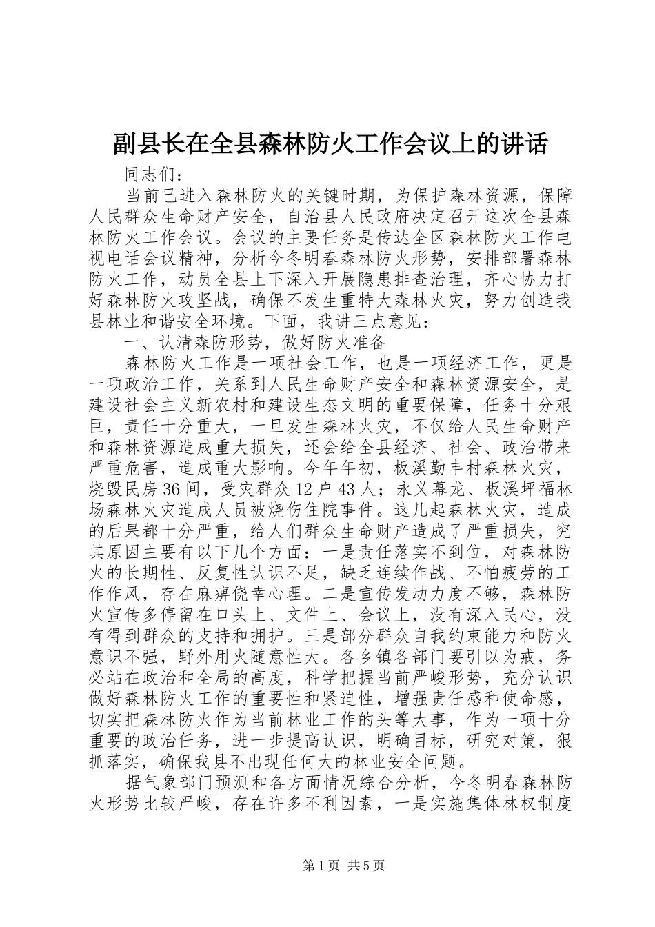 副县长在全县森林防火工作会议上的讲话发言_第1页