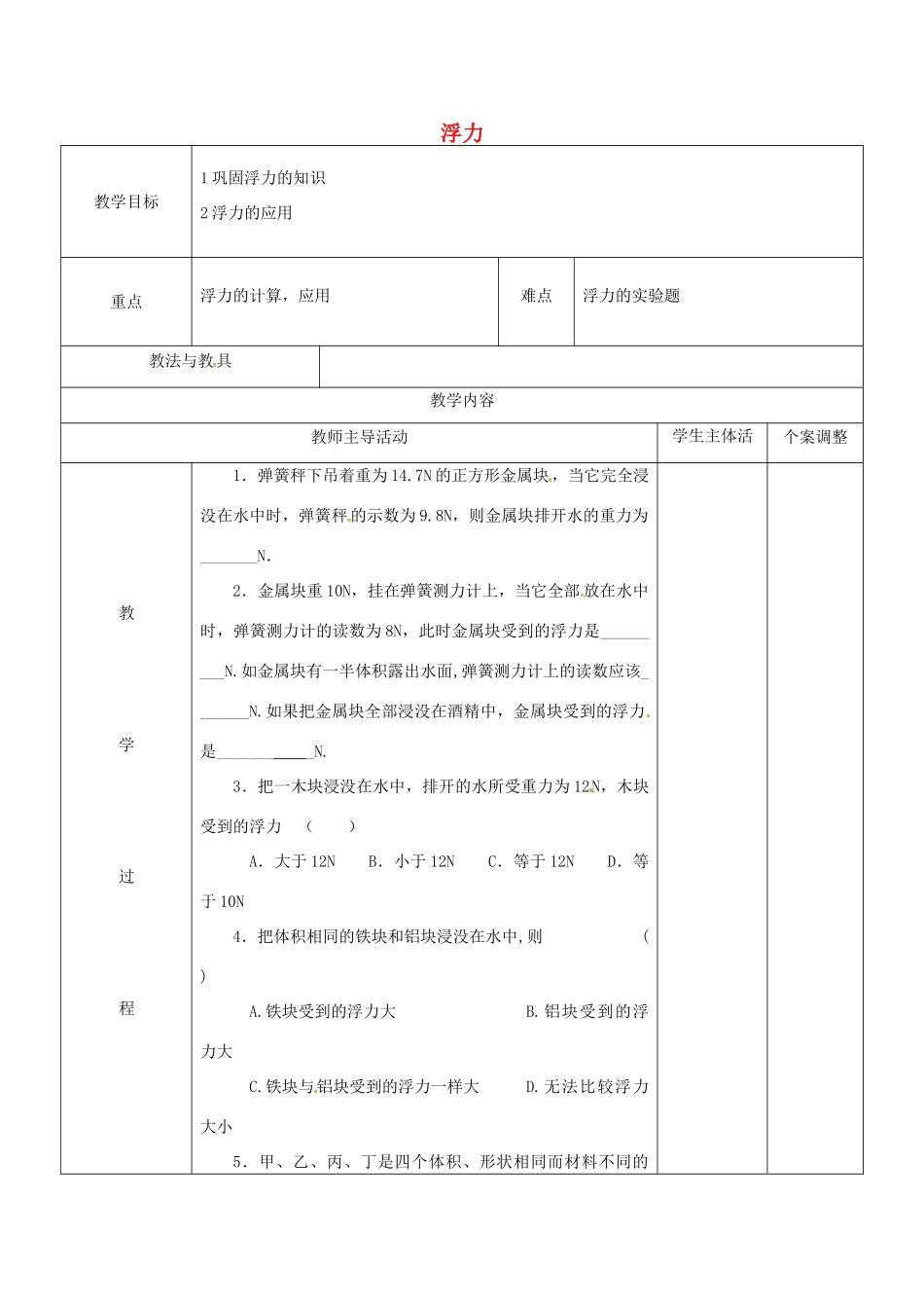 八年级物理下册 10.4 浮力练习教案1 苏科版-苏科版初中八年级下册物理教案_第1页