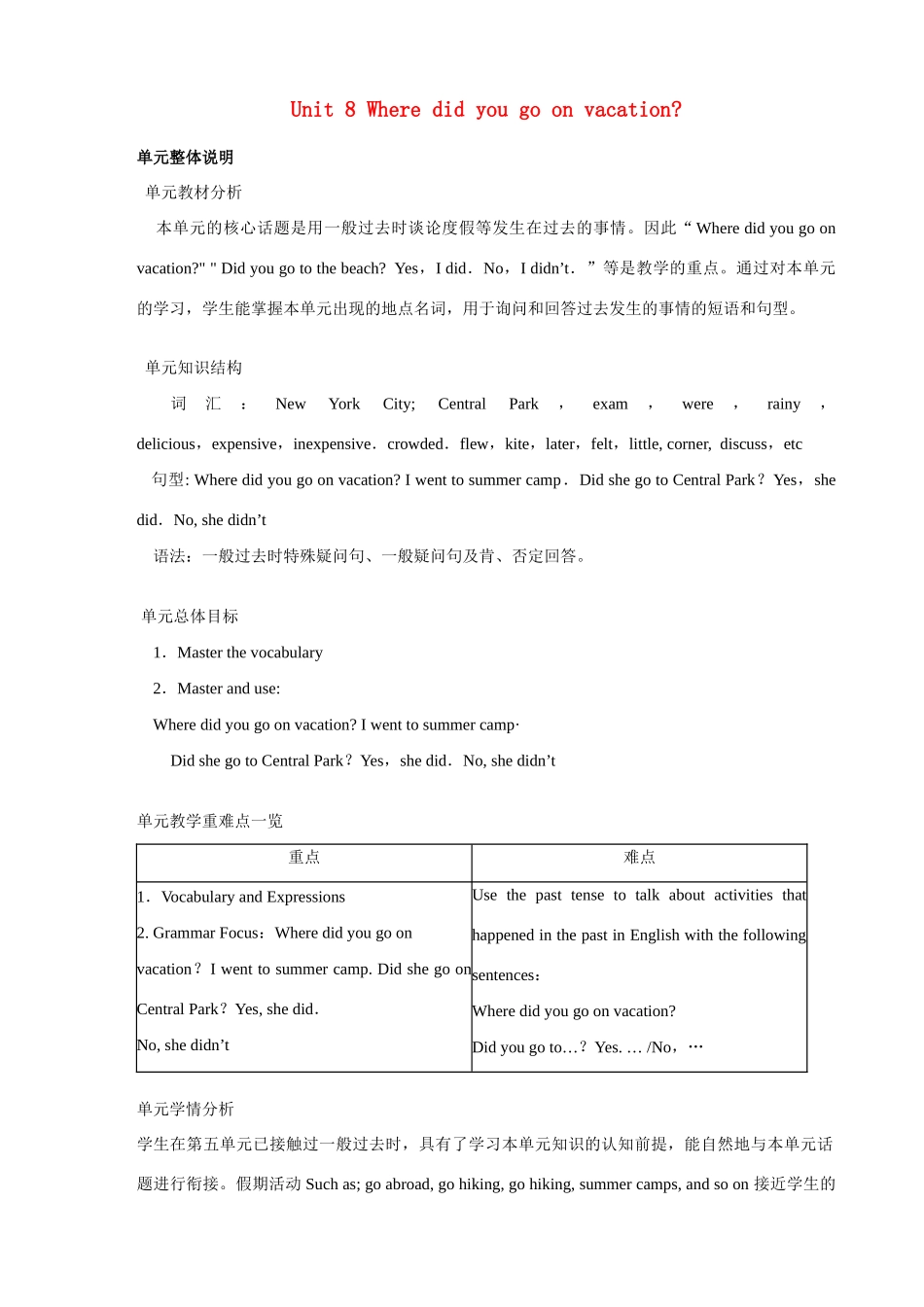 七年级英语上册 Unit 8 Where did you go on vacation教案 鲁教版_第1页
