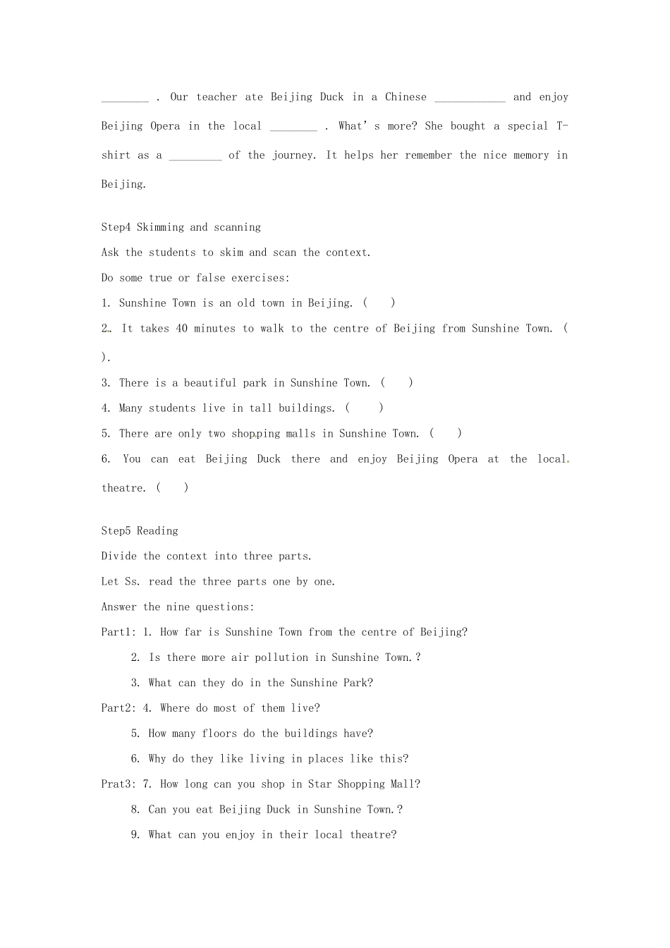 七年级英语下册 Unit 2 Welcome to Sunshine Town Reading(1)教案 牛津版_第2页
