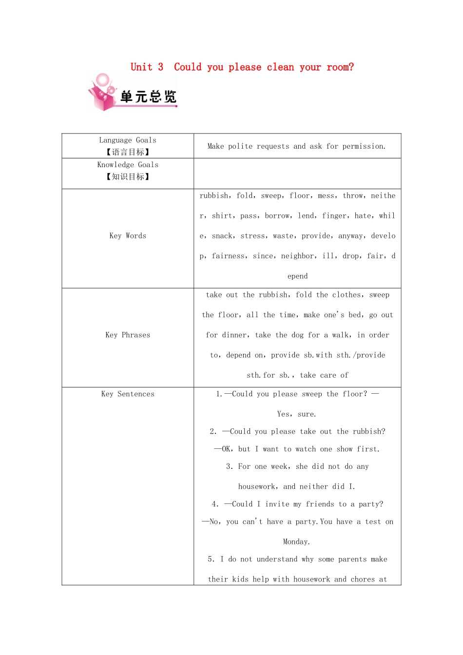 八年级英语下册 Unit 3 Could you please clean your room单元教材分析（新版）人教新目标版-（新版）人教新目标版初中八年级下册英语教案_第1页