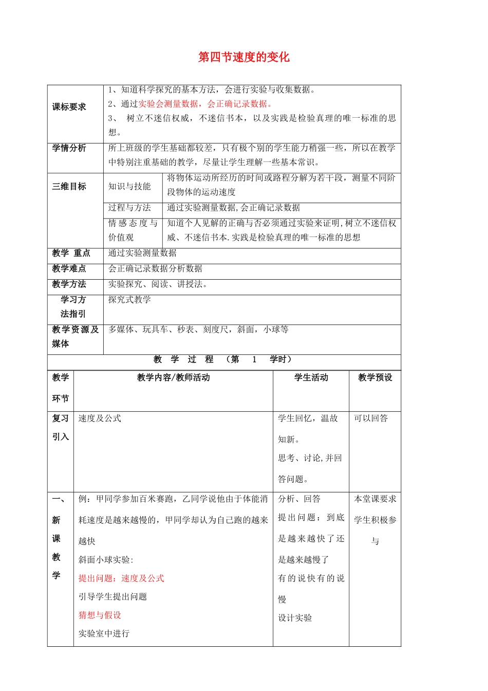 八年级物理全册《2.4 速度的变化》教案 （新版）沪科版-（新版）沪科版初中八年级全册物理教案_第1页