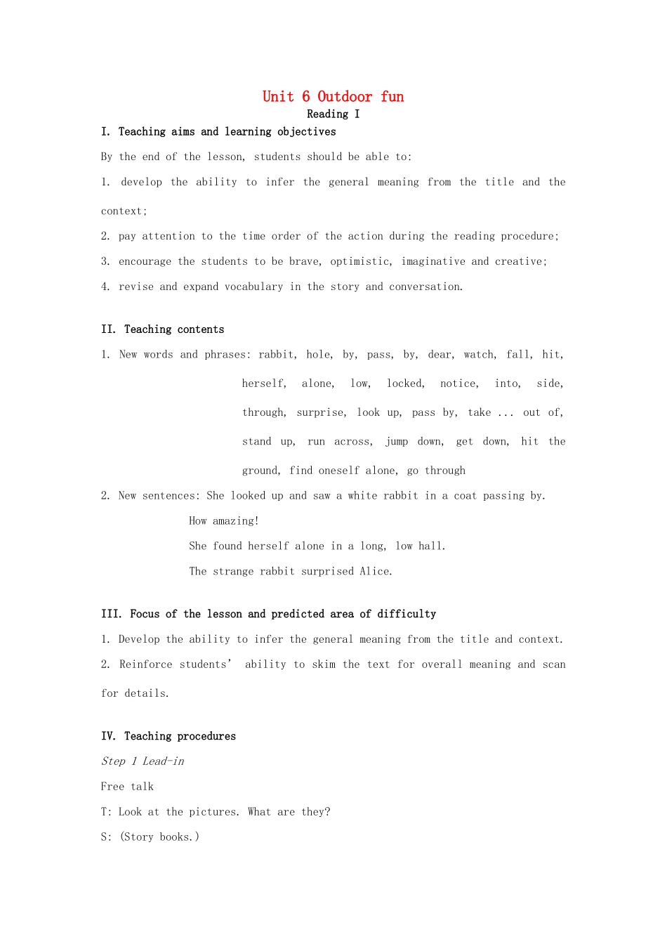 七年级英语下册 Unit 6 Outdoor fun Reading I教案 （新版）牛津版-（新版）牛津版初中七年级下册英语教案_第1页