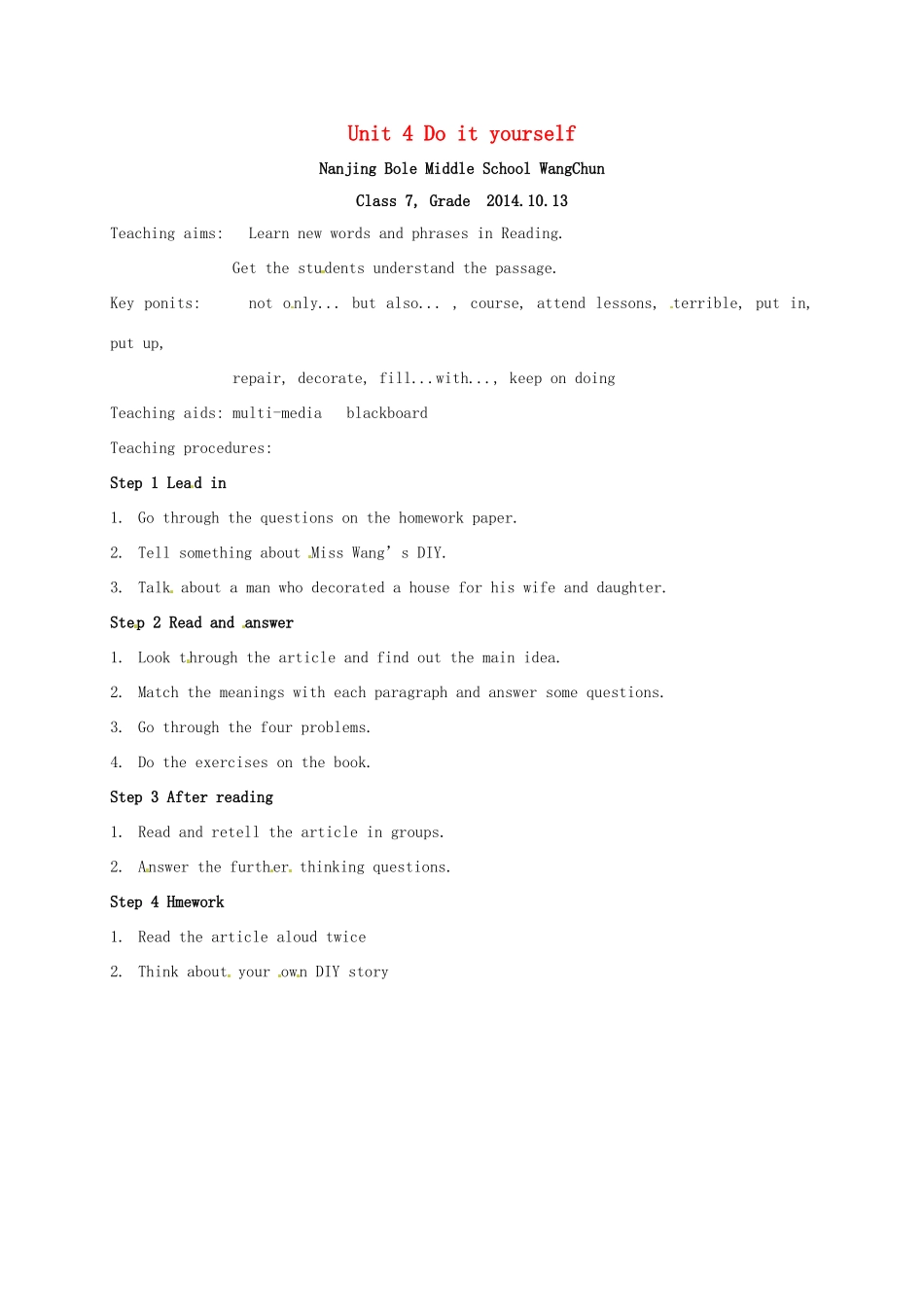 八年级英语上册《Unit 4 Do it yourself》教案 （新版）牛津版-（新版）牛津版初中八年级上册英语教案_第1页