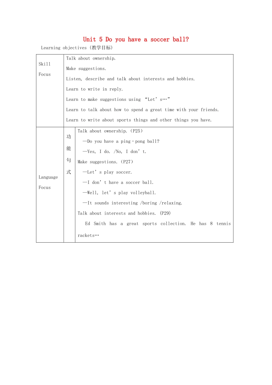 七年级英语上册 Unit 5《Do you have a soccer ball》教案 人教新目标版_第1页