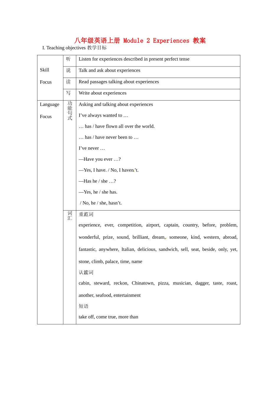 内蒙古鄂尔多斯康巴什新区第一中学八年级英语上册 Module 2 Experiences 教案 外研版_第1页