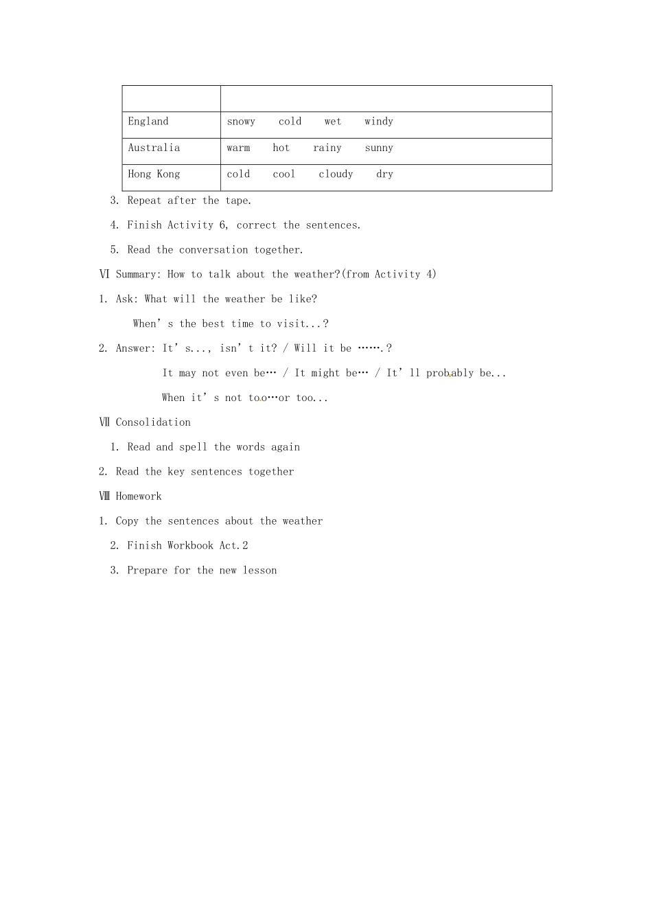 八年级英语上册 Module 11 Unit 1 It may be cold tomorrow教案 外研版_第3页