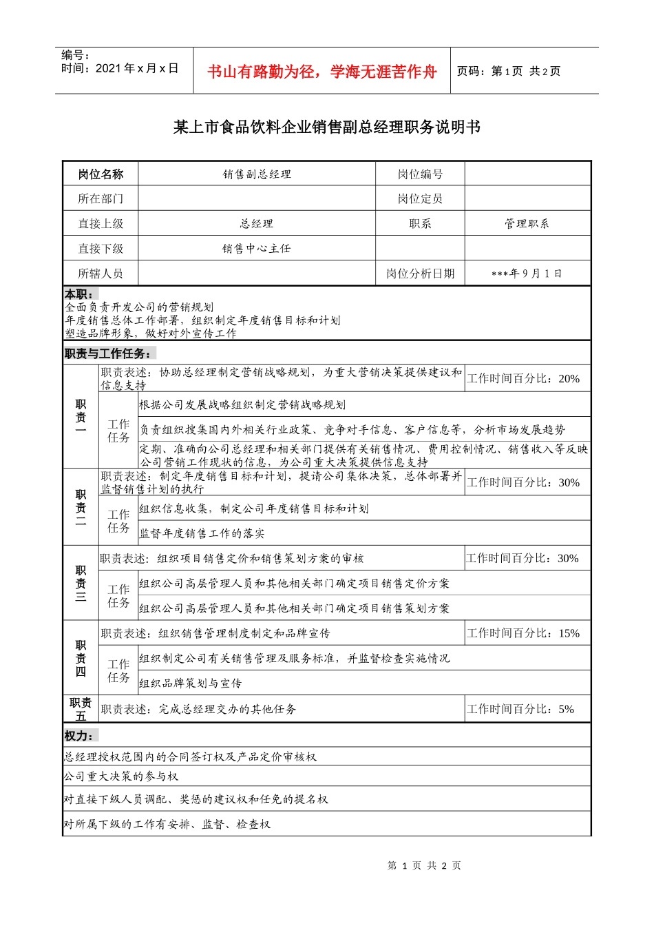 食品饮料企业销售副总经理职务说明书_第1页