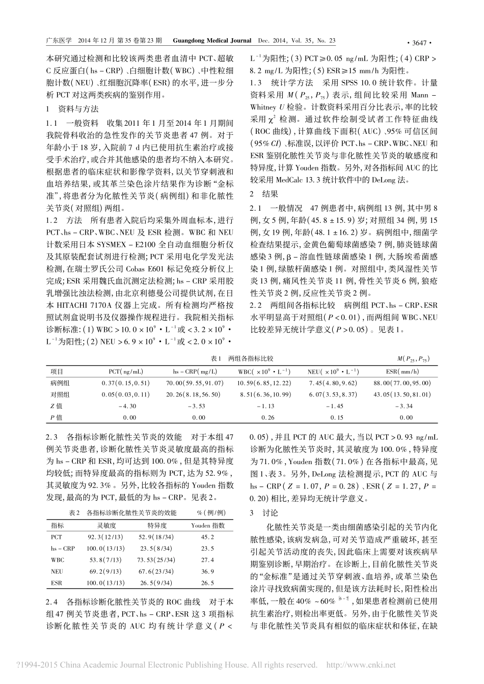 血清降钙素原鉴别成人化脓性关节炎与非化脓性关节炎的价值_第2页