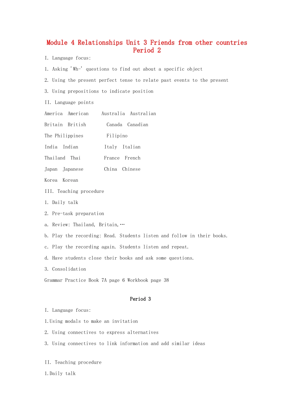 七年级英语上册 Module 4 Unit 3 Friends from other countries Period 2&3&4教案上海牛津版_第1页