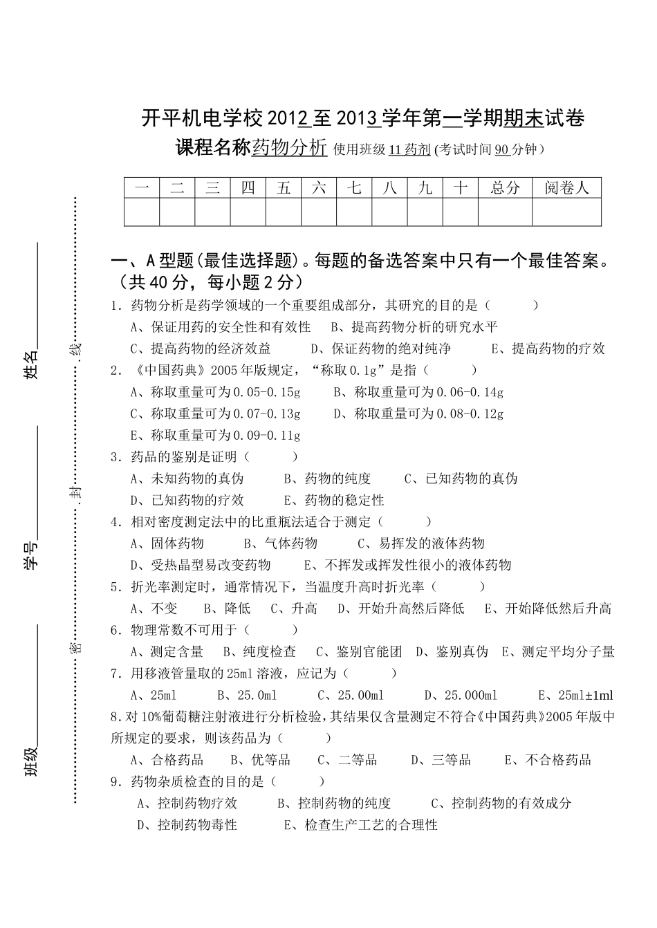 药物分析期末考试_第1页