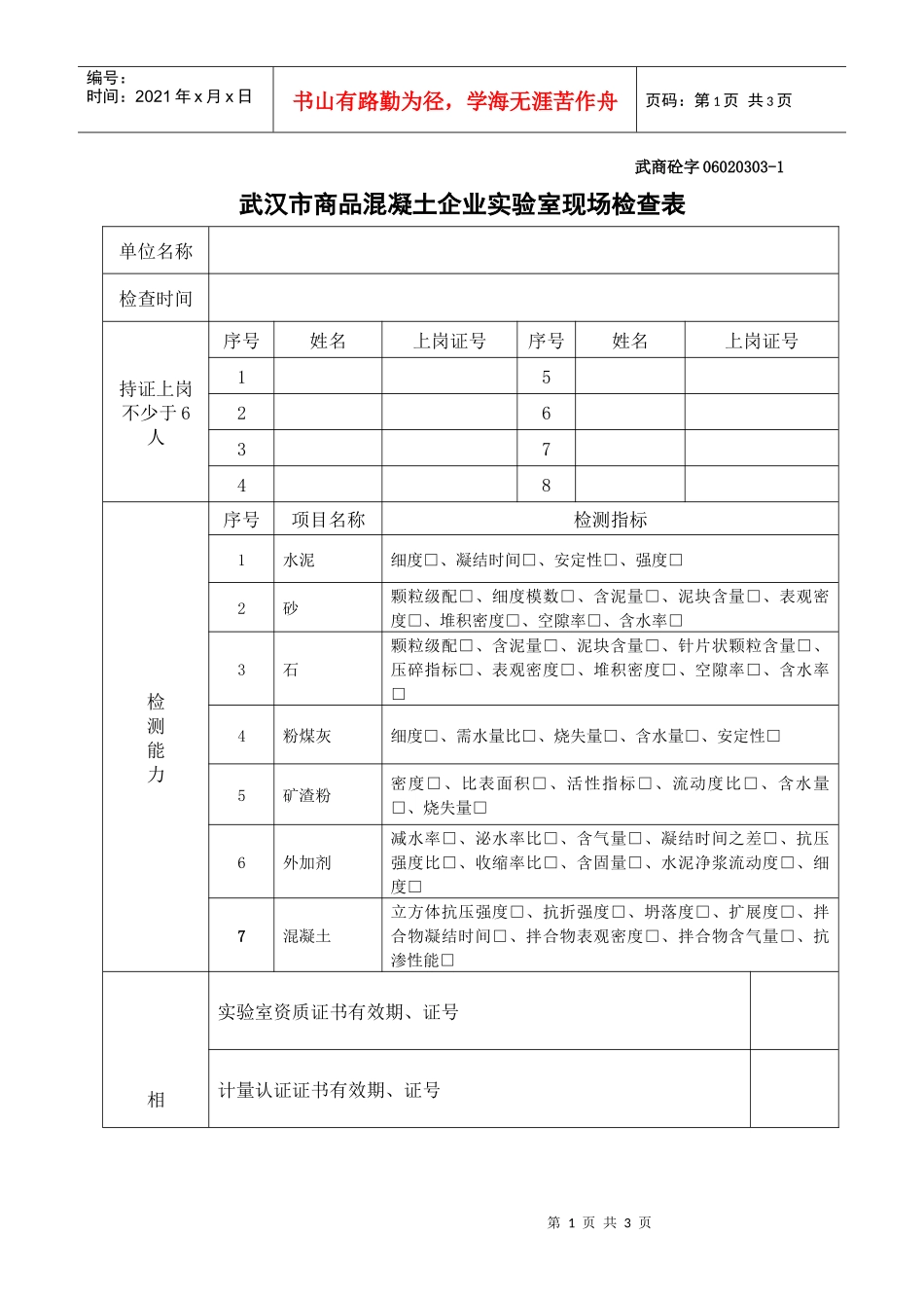 武汉市商品混凝土企业实验室资质申报现场检查表_第1页