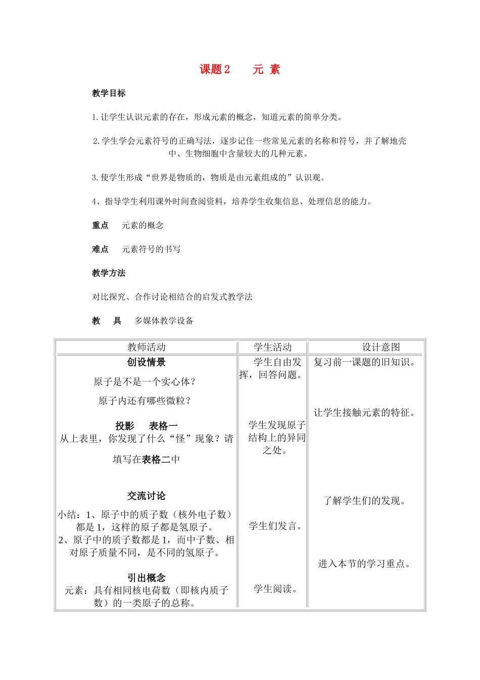 九年级化学上册 4.2元素教案1 人教新课标_第1页