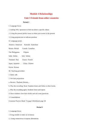 七年级英语：Module 4 Unit 3 Friends from other countries Period 2&3&4教案上海牛津版