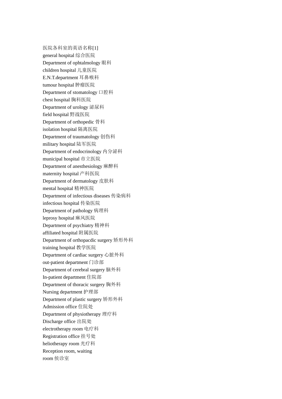 英语单词 所有医院相关的职位部门等_第1页