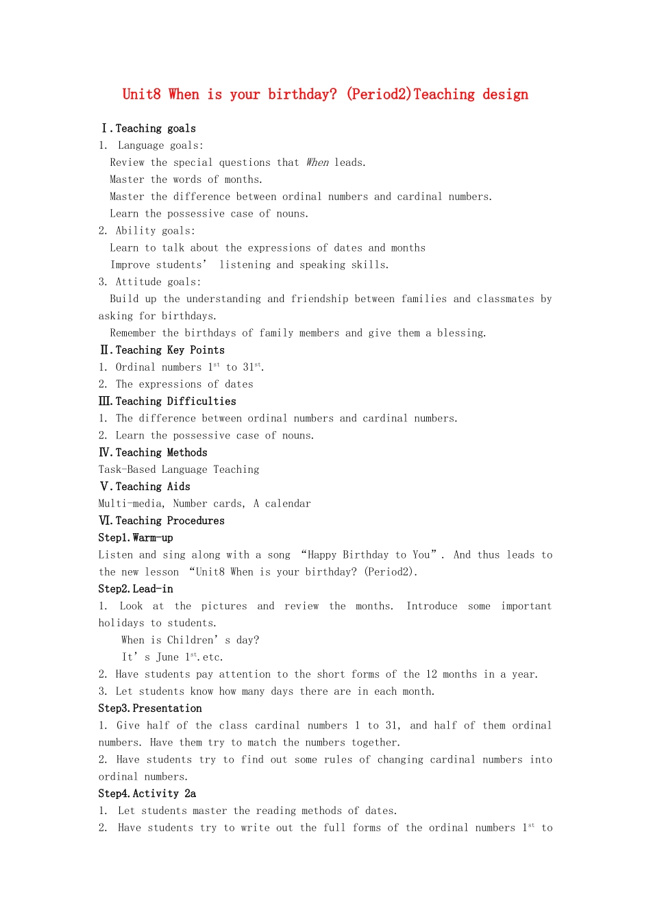 七年级英语上册 unit8When is your birthday (Period2)Teaching design教学设计 人教新目标版_第1页