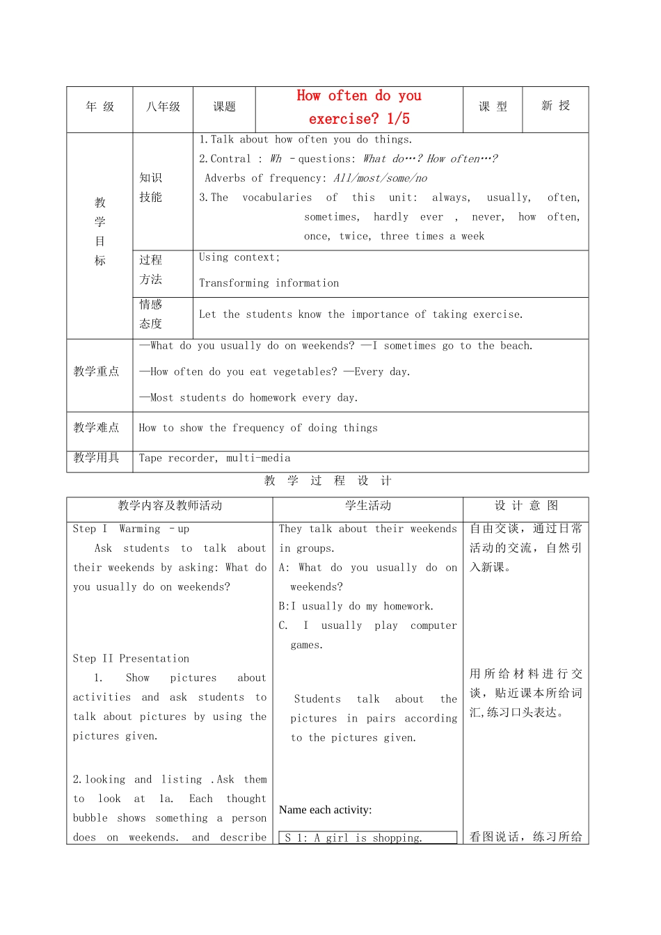 八年级英语上册 Unit 1How often do you exercise示范教案1 人教新目标版_第1页