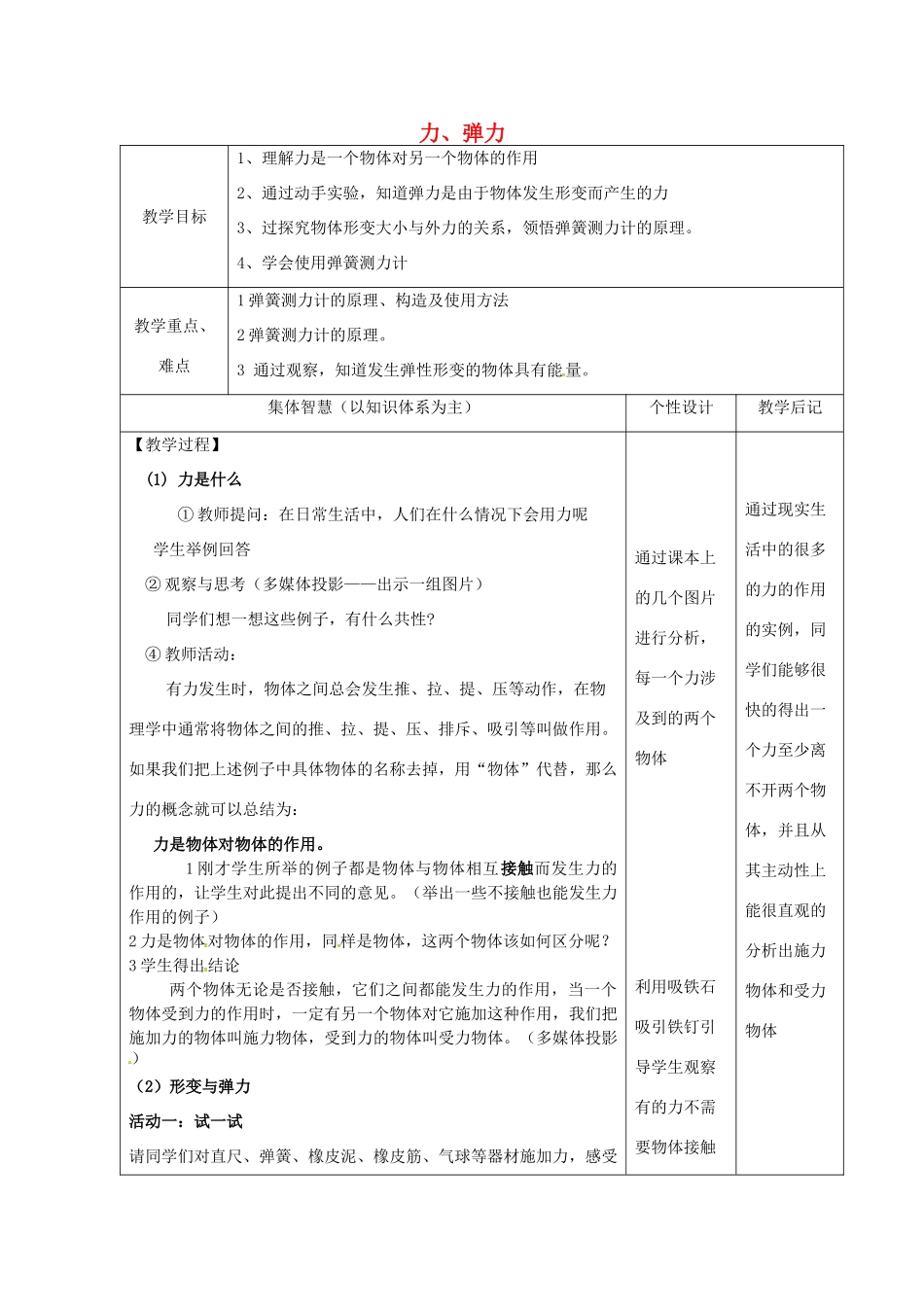 八年级物理下册 8.1 力、弹力教案1 苏科版-苏科版初中八年级下册物理教案_第1页