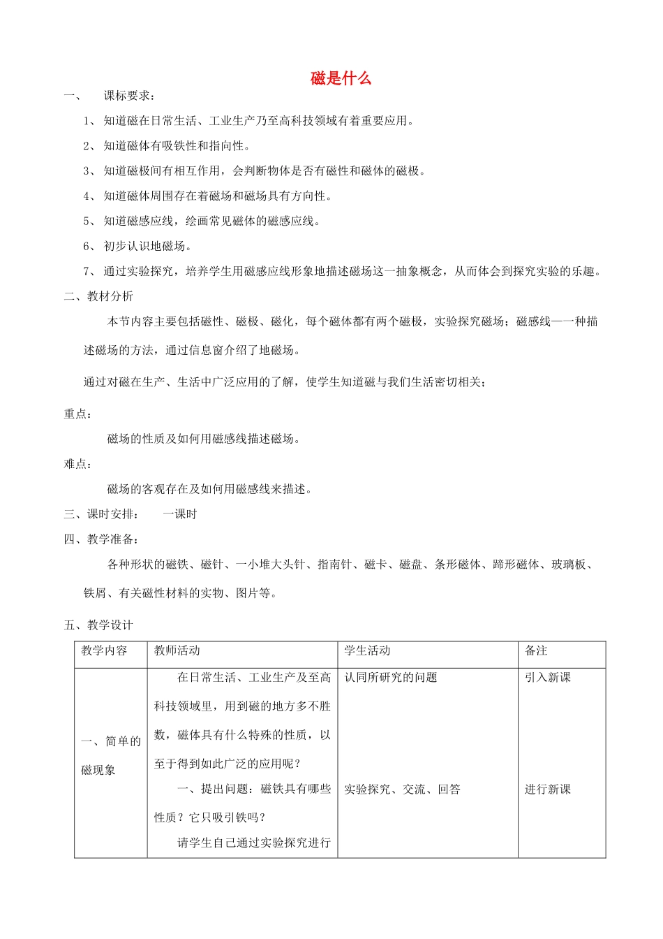 九年级物理全册 17.1 磁是什么教案 （新版）沪科版-（新版）沪科版初中九年级全册物理教案_第1页
