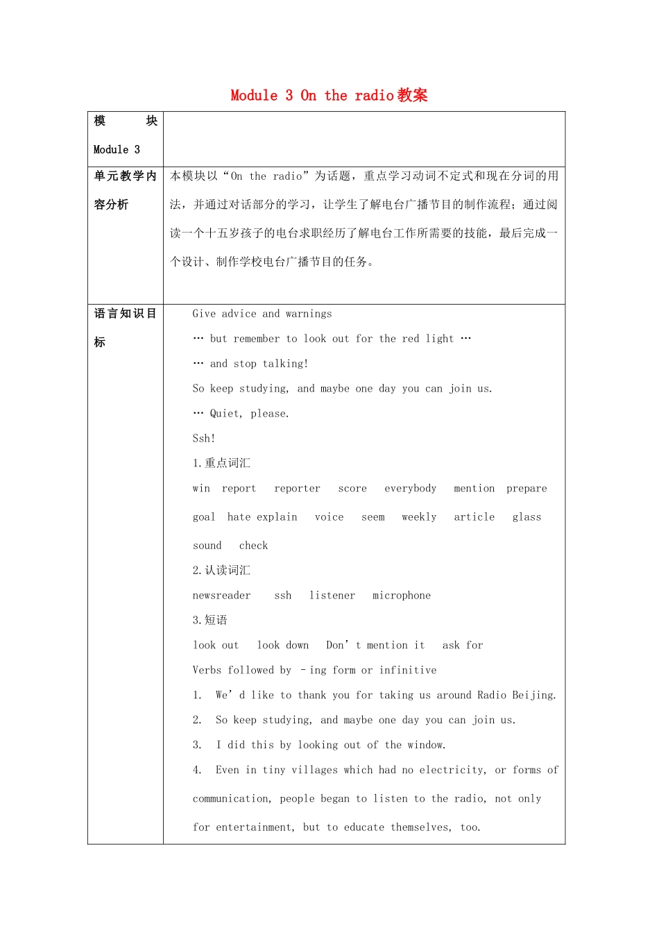 天津市梅江中学八年级英语下册 Module 3 On the radio教案 外研版_第1页