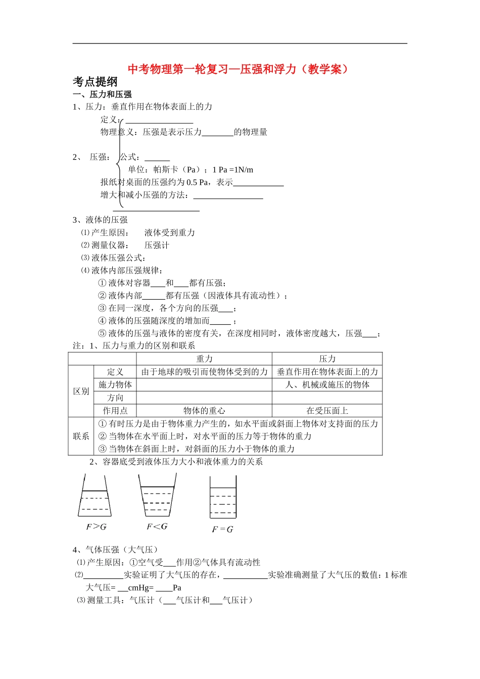 九年级中考物理第一轮复习——压强和浮力教案苏教版_第1页
