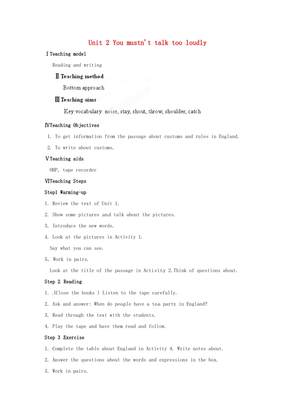 天津市武清区杨村第五中学八年级英语上册《Module 12 Traditional life Unit 2 You mustn't talk too loudly》教案 外研版_第1页
