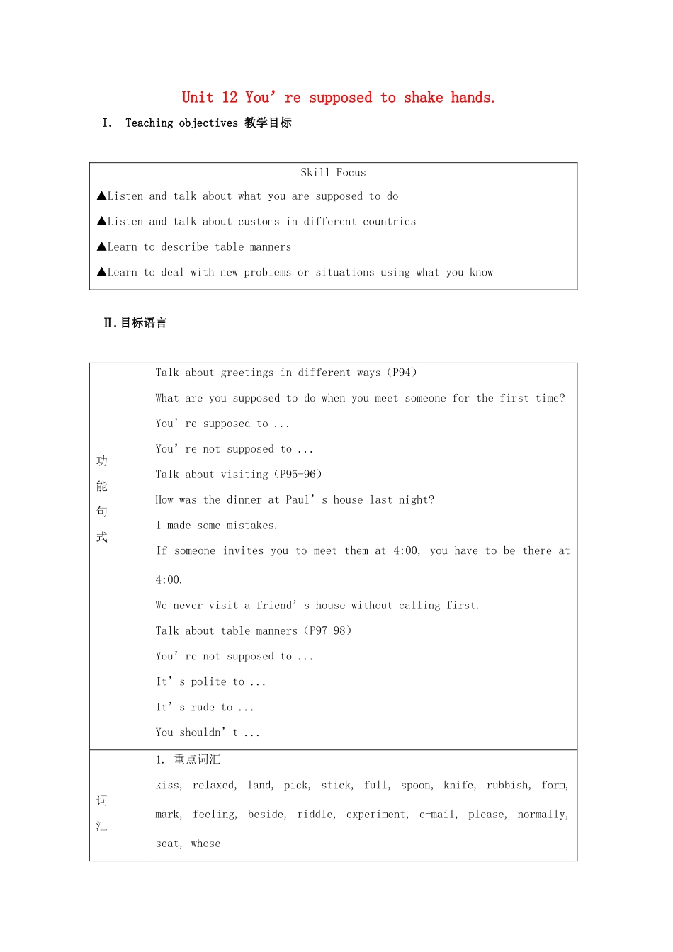 九年级英语 Unit 12 You’re supposed to shake hands单元精品教案 人教新目标版_第1页