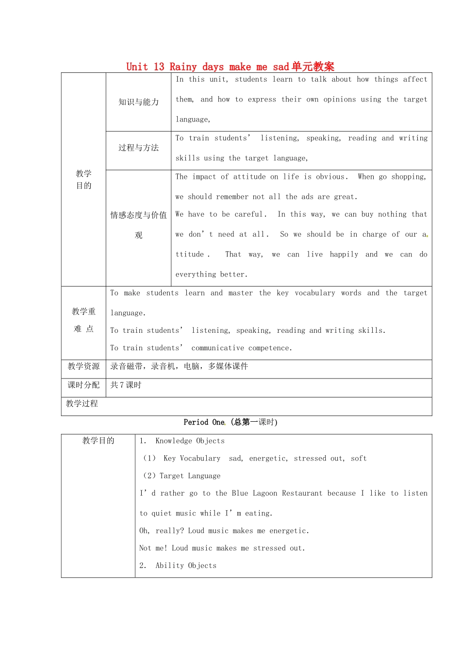 宁夏银川市第四中学九年级英语全册 Unit 13 Rainy days make me sad单元教案 人教新目标版_第1页