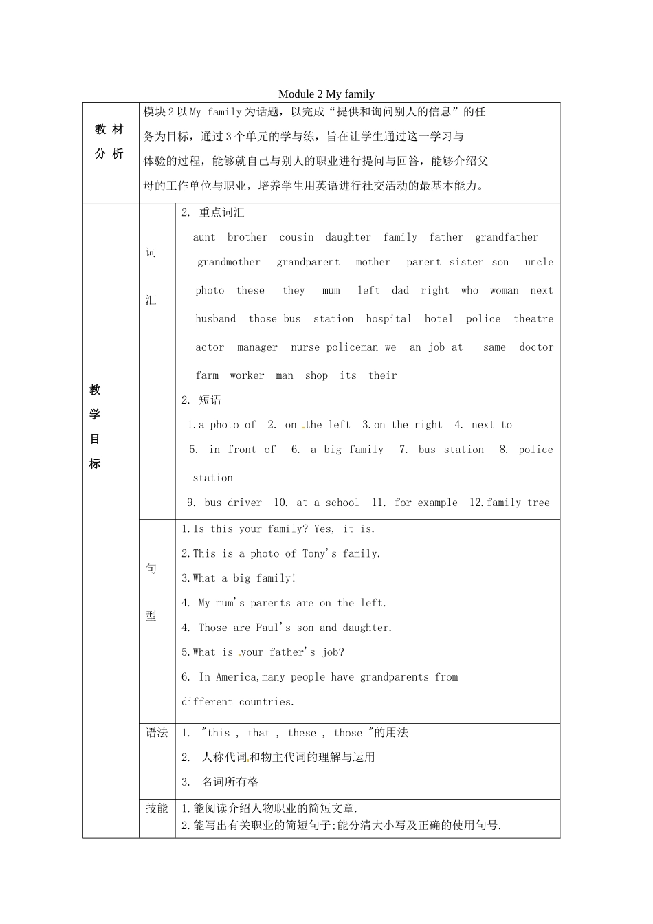 七年级英语上册 Module 2 My Family教案 （新版）外研版_第1页