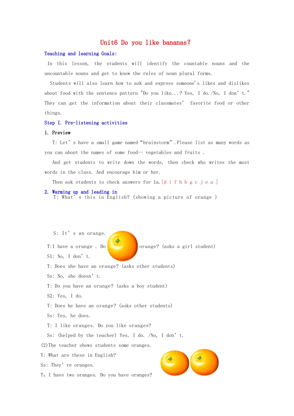 七年级英语上册 Unit 6 Do you like bananas？Section A（1a-2d）教案 （新版）人教新目标版_第1页