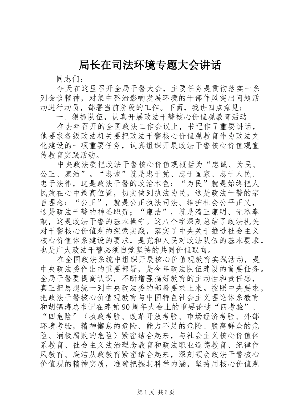 局长在司法环境专题大会讲话发言_第1页