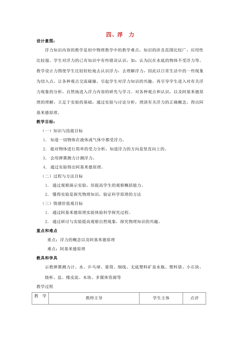 八年级物理下册 第十章 压强和浮力 四 浮力教案 （新版）苏科版-（新版）苏科版初中八年级下册物理教案_第1页