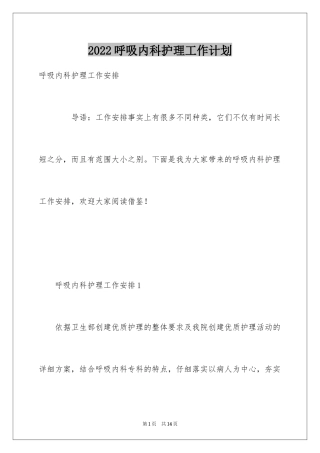 2024呼吸内科护理工作计划