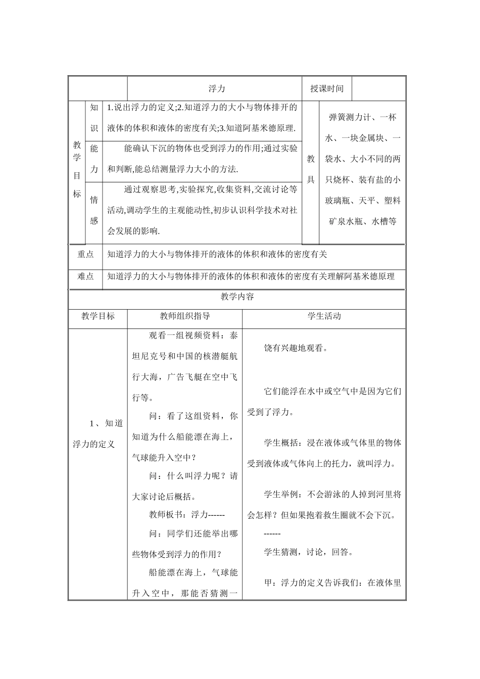八年级物理9.4 浮力 教案 （北师大版）_第1页