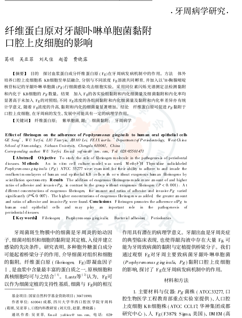 纤维蛋白原对牙龈卟啉单胞菌黏附口腔上皮细胞的影响_第1页