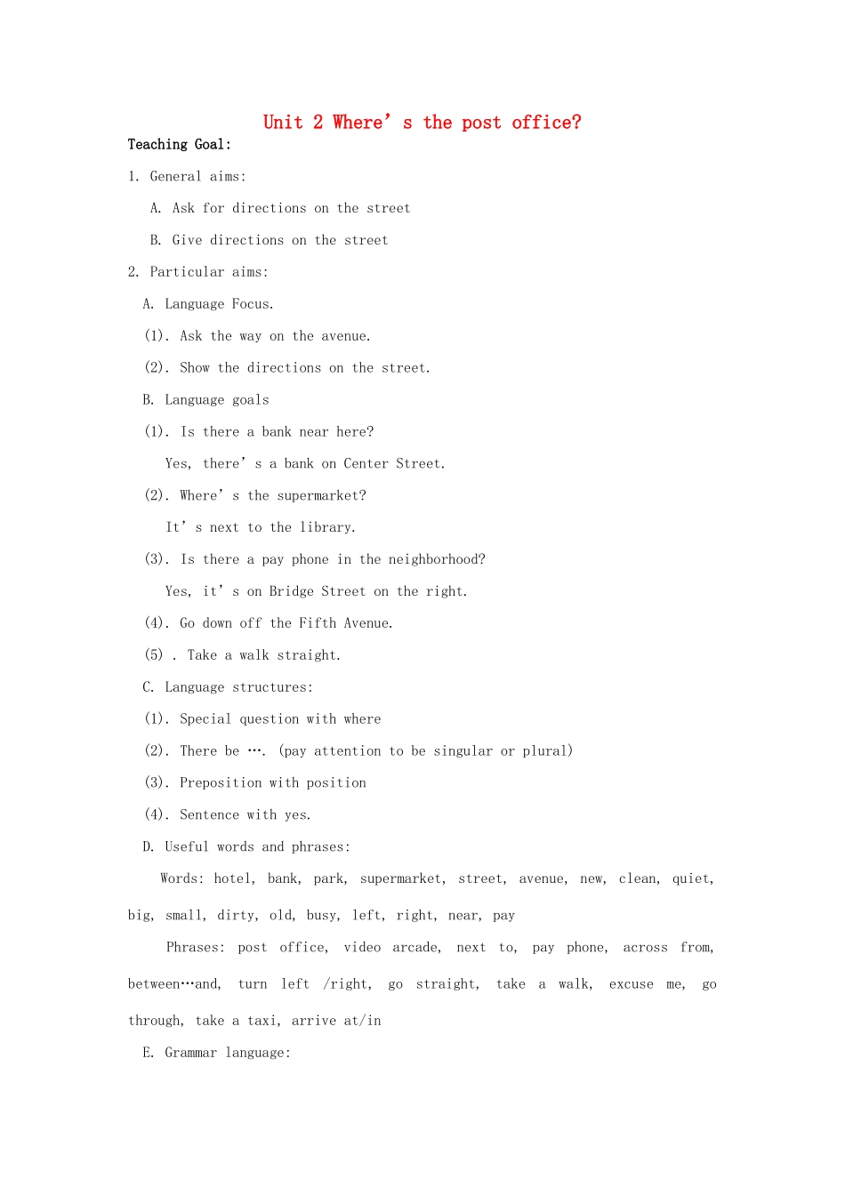 七年级英语下册 Unit 2 Where‘s the post office教案 人教新目标版_第1页