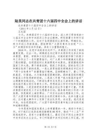 陆昊同志在共青团十六届四中全会上的讲话发言