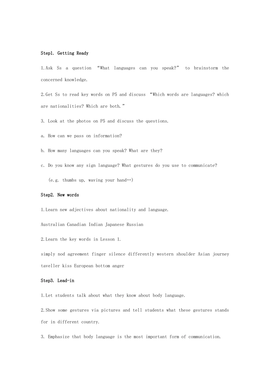 九年级英语全册 Unit 1 Language Lesson 1 Body Language教案 （新版）北师大版-（新版）北师大版初中九年级全册英语教案_第2页