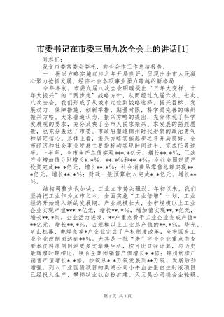 市委书记在市委三届九次全会上的讲话发言[1]
