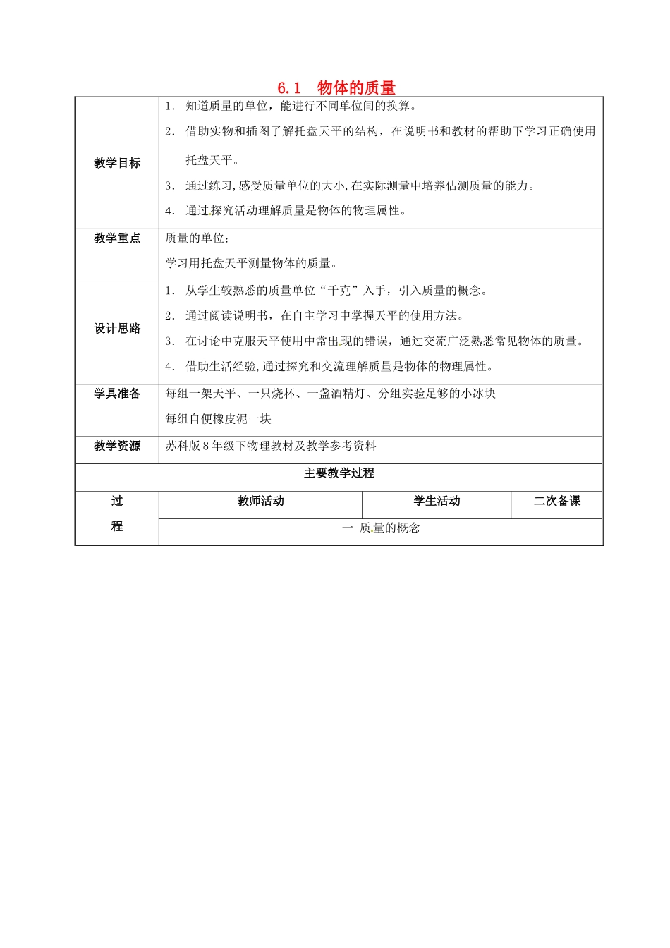 八年级物理下册 6.1 质量教案 （新版）苏科版-（新版）苏科版初中八年级下册物理教案_第1页