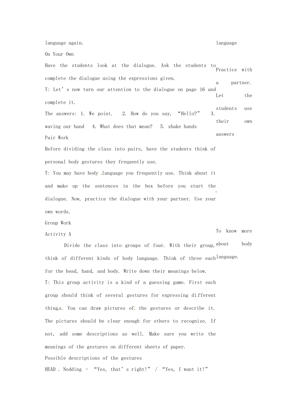 七年级英语下册 Unit 2 Body Language Lesson 4教案 教科版_第2页