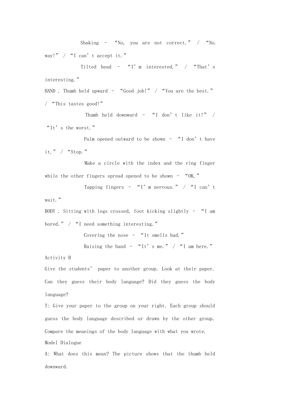 七年级英语下册 Unit 2 Body Language Lesson 4教案 教科版_第3页