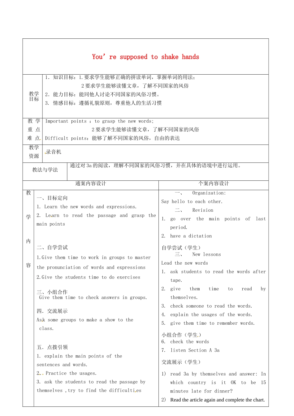 九年级英语全册 Unit 5 You’re supposed to shake hands教案3 （新版）鲁教版五四制-鲁教版五四制初中九年级全册英语教案_第1页