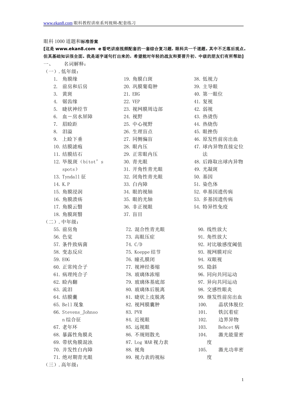 眼科1000题 系列讲座配套练习_第1页