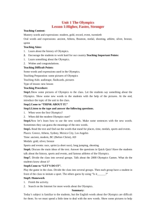 九年级英语Unit 1 The Olympics教案冀教版