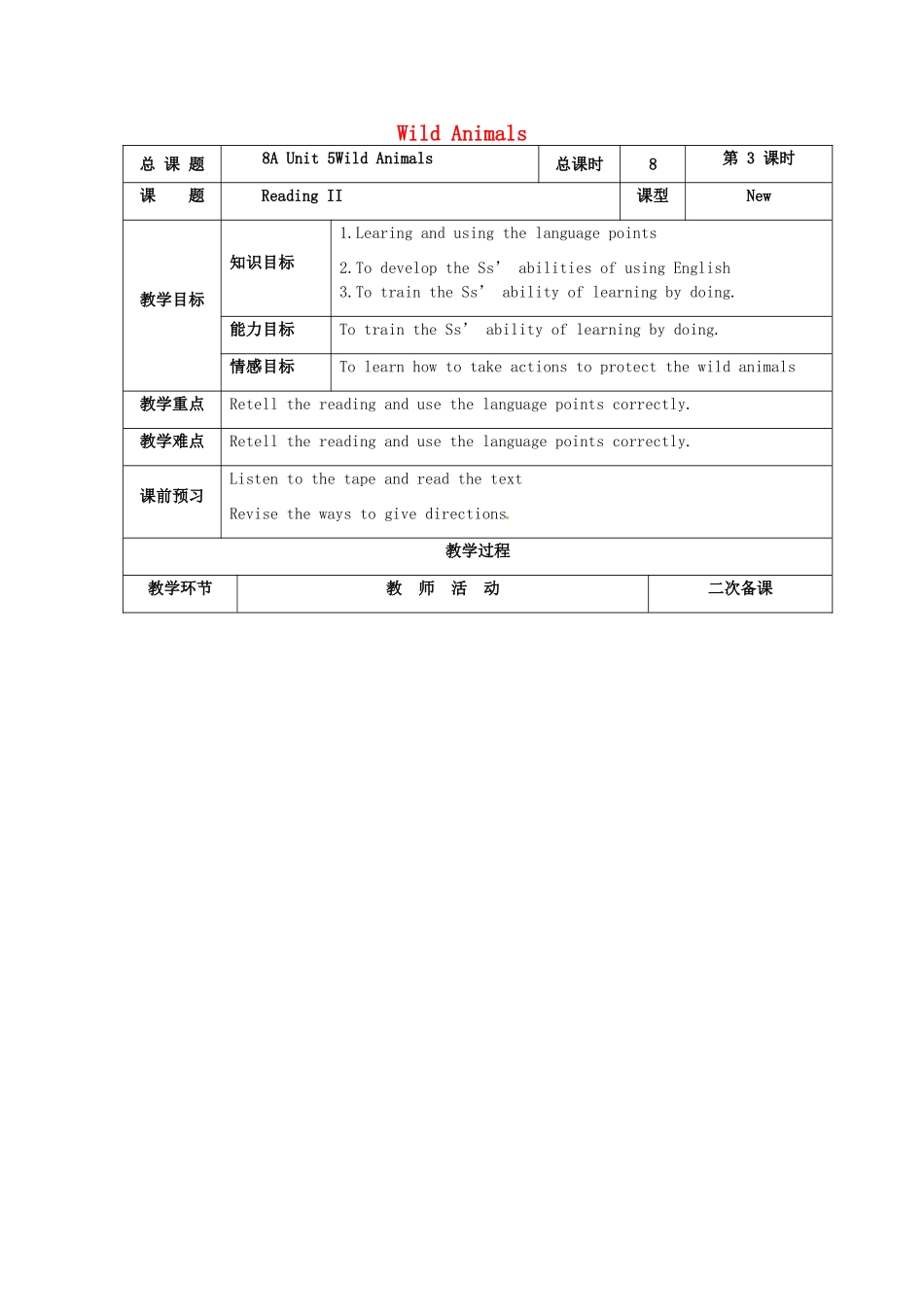 八年级英语上册 Unit 5 Wild animals Reading II教案 （新版）牛津版-（新版）牛津版初中八年级上册英语教案_第1页