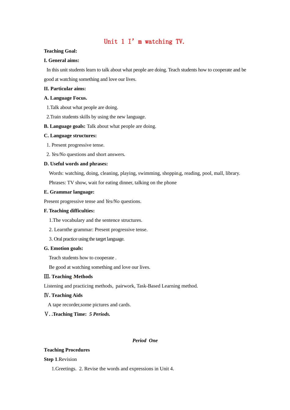 七年级英语上册 Unit 1 I’m watching TV教案 鲁教版_第1页