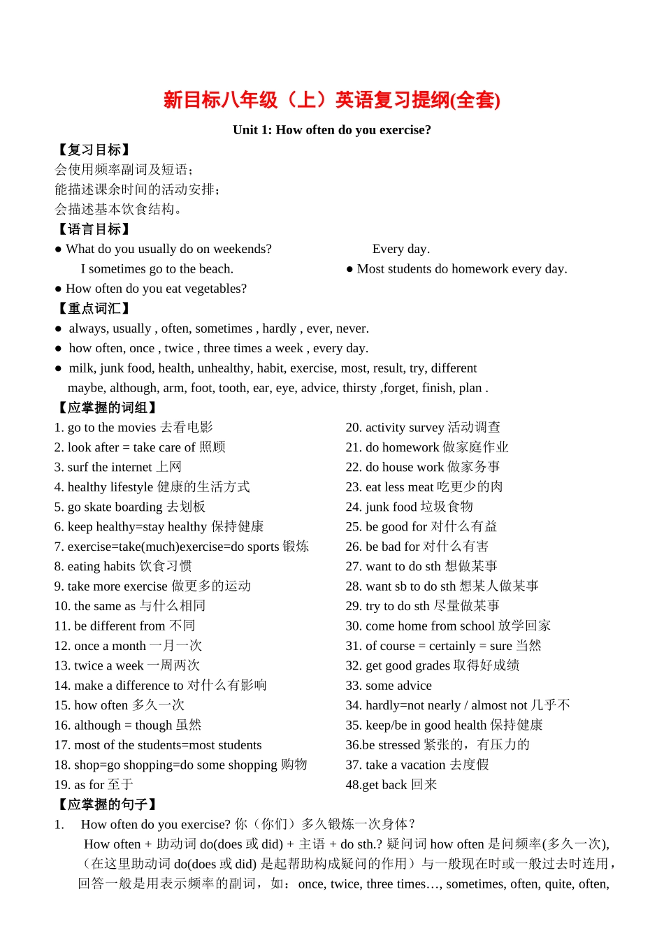 八年级英语上复习提纲（全套）教案新目标_第1页